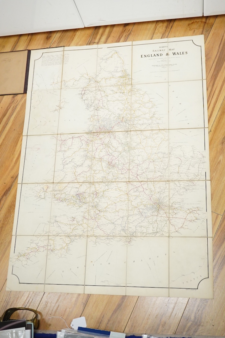 An Airey's Railway Map of England & Wales, a folding map laid on cloth with gilt embossed hard covers, compiled from the Ordnance Survey and published by McCorquodale & Co., 1878